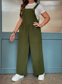 SHEIN LUNE 大碼素色闊腿背帶連身褲不帶T恤 - 軍綠色 - 查看 4