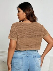 SHEIN EZwear áo nữ kích thước lớn Thắt nơ trước màu trơn Giải trí - Màu Khaki - Xem 2