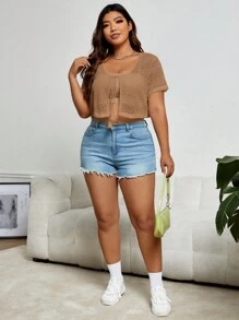 SHEIN EZwear áo nữ kích thước lớn Thắt nơ trước màu trơn Giải trí - Màu Khaki - Xem 4