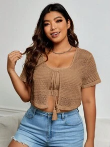 SHEIN EZwear áo nữ kích thước lớn Thắt nơ trước màu trơn Giải trí - Màu Khaki - Xem 6