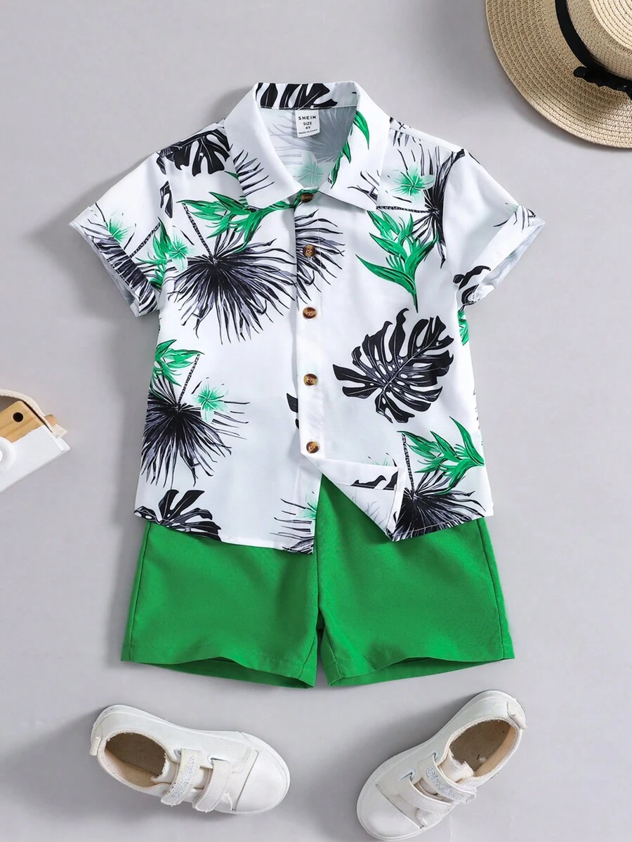 SHEIN 小男童熱帶圖案襯衫和短褲 - 彩色 - 查看 1