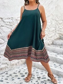SHEIN VCAY Đầm Plus Size Bất đối xứng Hình học Bộ lạc Boho - Màu xanh lá cây đậm - Xem 3