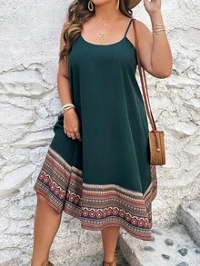 SHEIN VCAY Đầm Plus Size Bất đối xứng Hình học Bộ lạc Boho - Màu xanh lá cây đậm - Xem 6