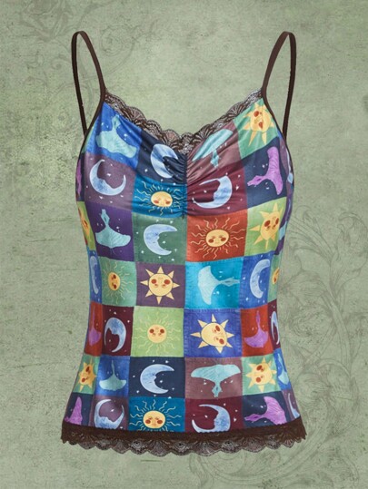 Hippie Top de tirantes con estampado de sol y luna con encaje en contraste