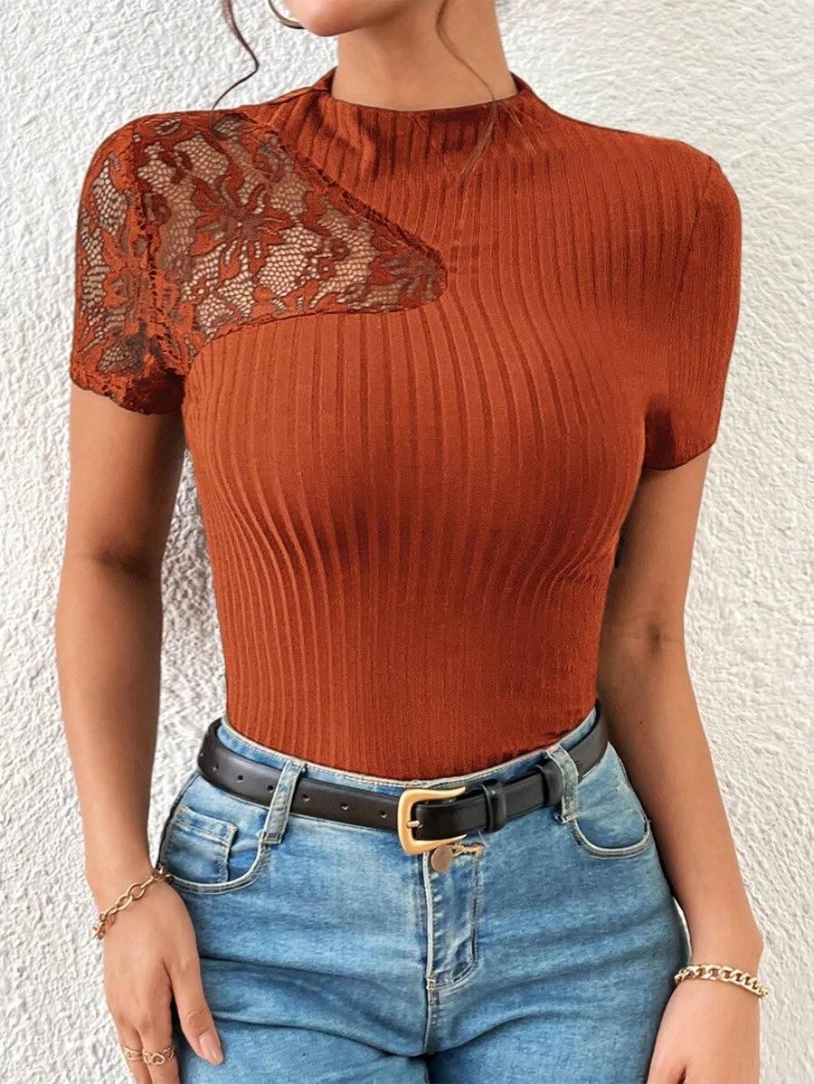 SHEIN Privé Contrast Lace Mock Neck Tee - Burnt Orange - View 1