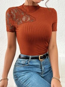 SHEIN Privé Contrast Lace Mock Neck Tee - Burnt Orange - View 6