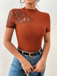 SHEIN Privé Contrast Lace Mock Neck Tee - Burnt Orange - View 7