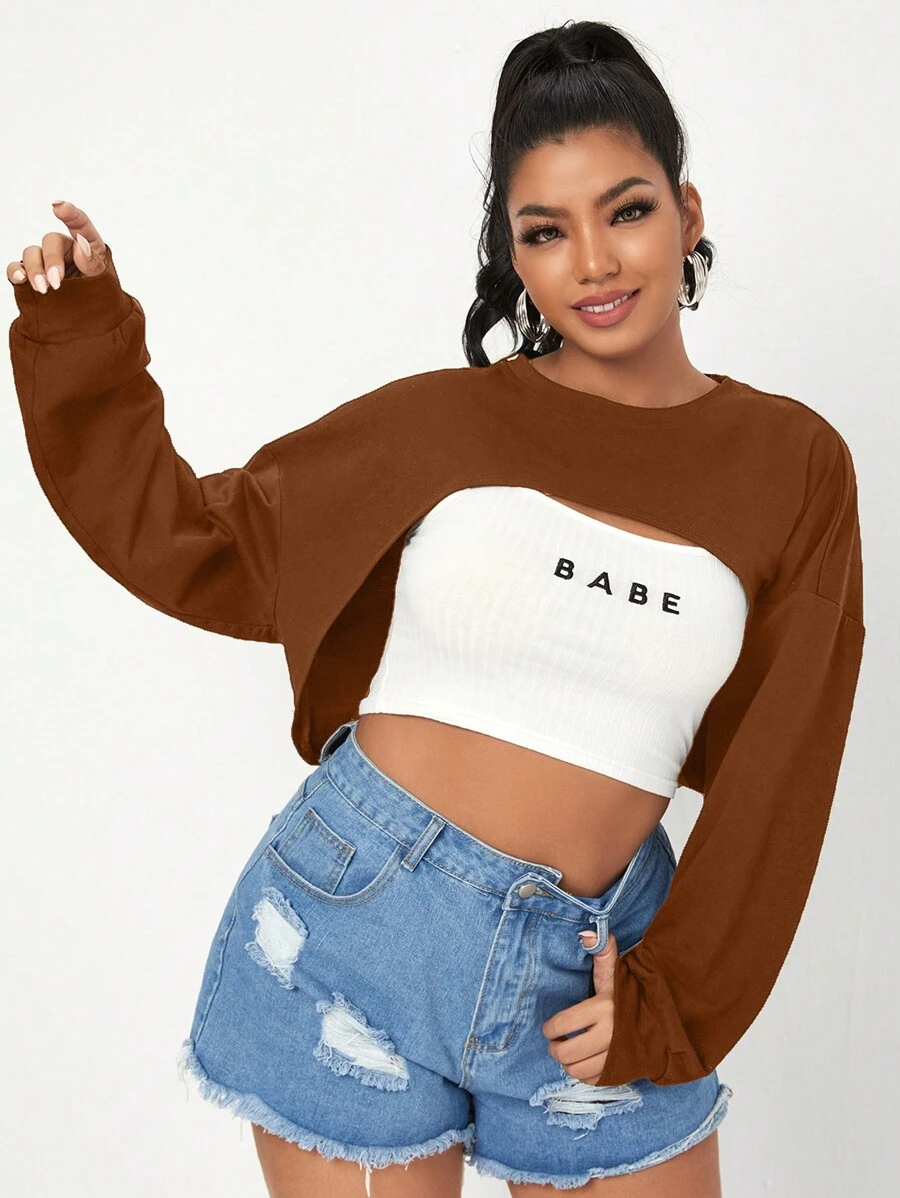 SHEIN EZwear Plus Drop Shoulder Super Crop Pullover Without Cami Top - Coffee Brown - View 1