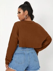 SHEIN EZwear Plus Drop Shoulder Super Crop Pullover Without Cami Top - Coffee Brown - View 2