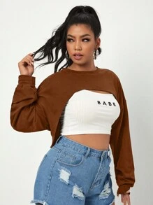 SHEIN EZwear Plus Drop Shoulder Super Crop Pullover Without Cami Top - Coffee Brown - View 4
