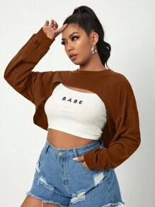SHEIN EZwear Plus Drop Shoulder Super Crop Pullover Without Cami Top - Coffee Brown - View 5