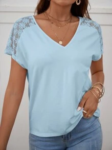 SHEIN Frenchy 蕾絲拼接蝙蝠袖T恤 - 淺藍色 - 查看 4