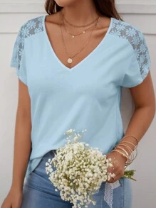 SHEIN Frenchy 蕾絲拼接蝙蝠袖T恤 - 淺藍色 - 查看 5