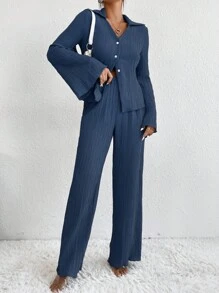SHEIN Essnce Women Two-piece Outfits Tombol Depan Plain Casual - Royal Blue - View 1