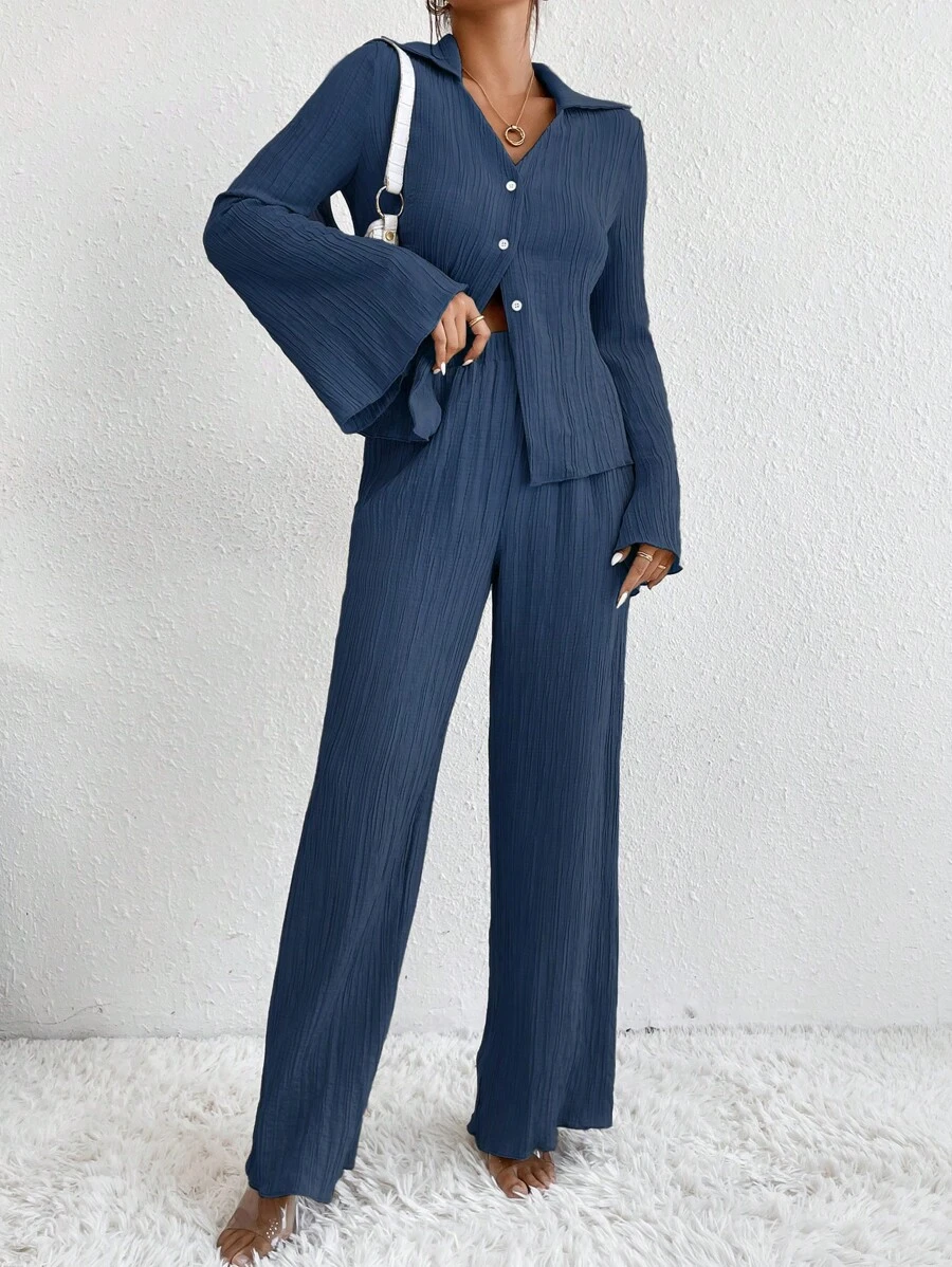 SHEIN Essnce Women Two-piece Outfits Tombol Depan Plain Casual - Royal Blue - View 1