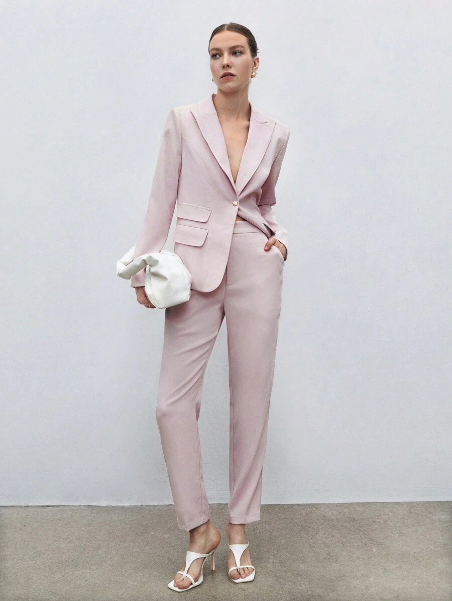 BizChic Blazer y pantalones de trabajo de un solo botón sólido para otoño/invierno - Rosa Pálido - Ver 1
