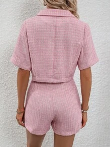 SHEIN Privé Lapel Neck Crop Blazer & Shorts - Pink - View 3