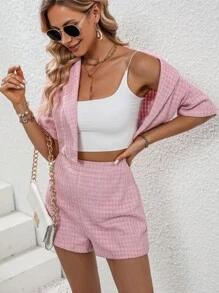 SHEIN Privé Lapel Neck Crop Blazer & Shorts - Pink - View 4