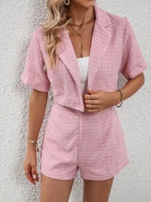 SHEIN Privé Lapel Neck Crop Blazer & Shorts - Pink - View 5