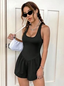 SHEIN EZwear 素色交叉露背背心連體短褲 - 黑色 - 查看 1