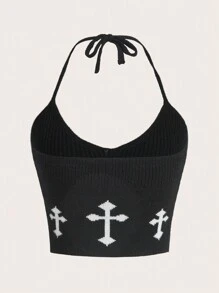 ROMWE Goth 交叉圖案針織短上衣 - 黑色 - 查看 2