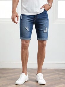 GENTILAND Men Ripped Roll Up Hem Denim Shorts - Dark Wash - View 1
