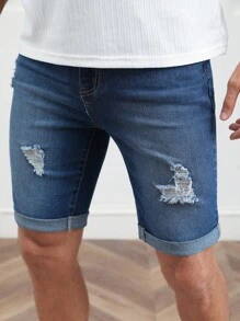 GENTILAND Men Ripped Roll Up Hem Denim Shorts - Dark Wash - View 3