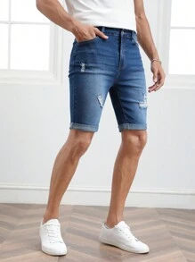 GENTILAND Men Ripped Roll Up Hem Denim Shorts - Dark Wash - View 4