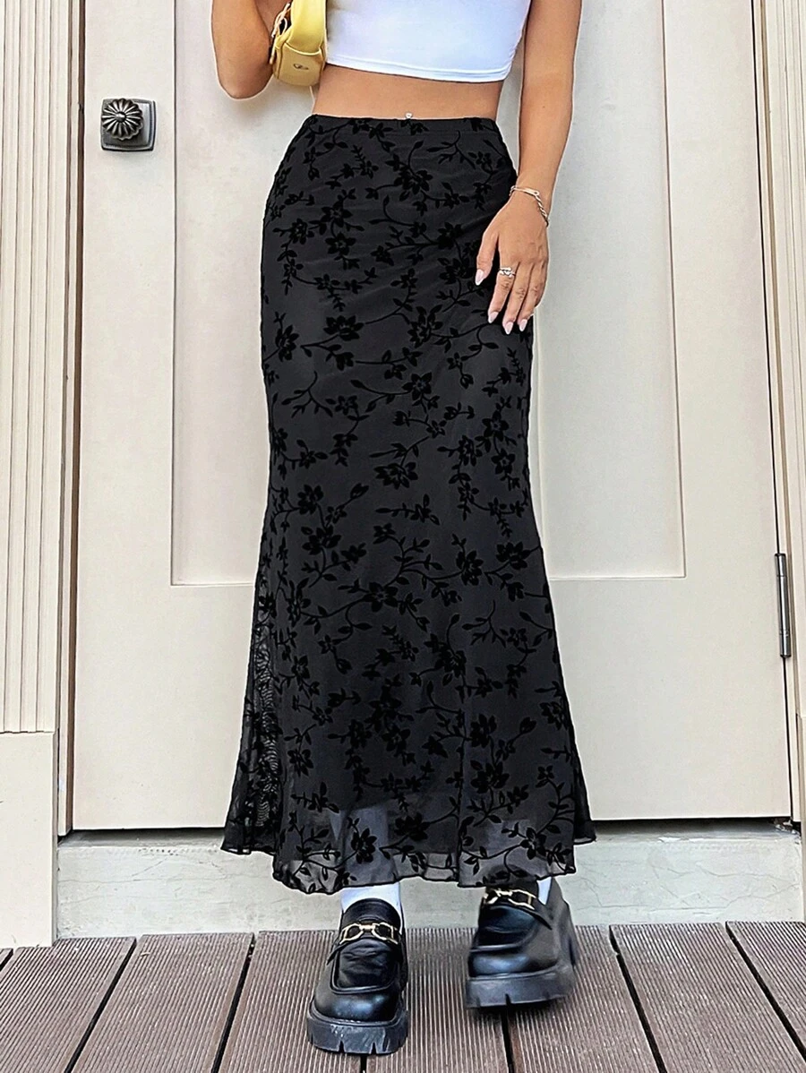 SHEIN EZwear Floral Print Lettuce Trim Mermaid Hem Mesh Skirt - Black - View 1