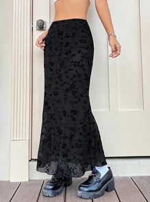 SHEIN EZwear Floral Print Lettuce Trim Mermaid Hem Mesh Skirt - Black - View 7