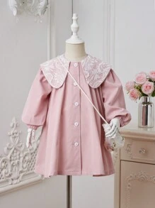 SHEIN Young Girls Loose Fit Trench Coat With Woven Solid Color & Lace Patchwork And Peter Pan Collar Design - Baby Pink - View 1