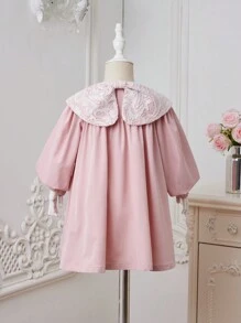 SHEIN Young Girls Loose Fit Trench Coat With Woven Solid Color & Lace Patchwork And Peter Pan Collar Design - Baby Pink - View 2
