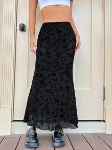 SHEIN EZwear Floral Print Lettuce Trim Mermaid Hem Mesh Skirt - Black - View 6