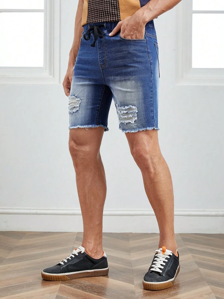 GENTILAND Men Ripped Raw Hem Drawstring Waist Denim Shorts - Medium Wash - View 1