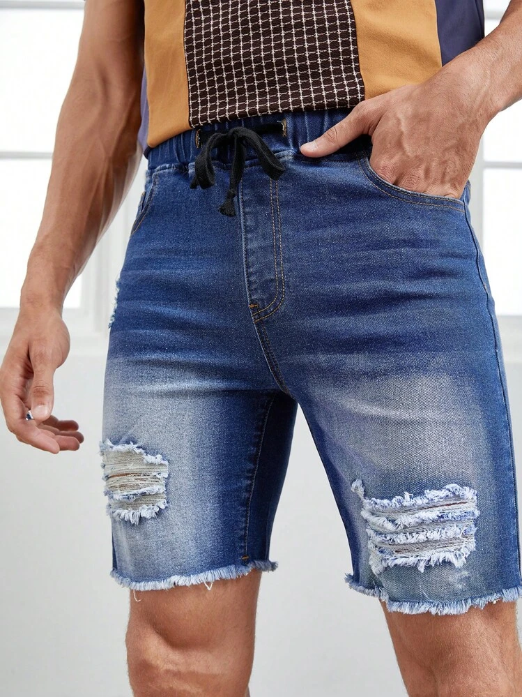 GENTILAND Men Ripped Raw Hem Drawstring Waist Denim Shorts - Medium Wash - View 6