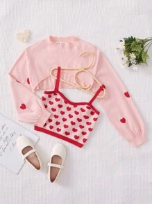 SHEIN Tween Girl Heart Pattern Cami Knit Top & Super Crop Jumper - Multicolor - View 1