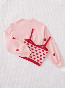 SHEIN Tween Girl Heart Pattern Cami Knit Top & Super Crop Jumper - Multicolor - View 2