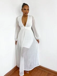 SHEIN SXY 深V領前扭結燈籠袖網紗覆蓋連衣裙 - 白色 - 查看 1