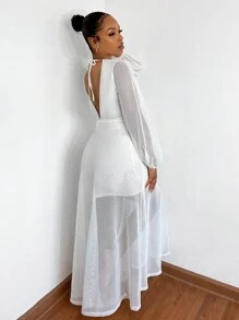 SHEIN SXY 深V領前扭結燈籠袖網紗覆蓋連衣裙 - 白色 - 查看 2