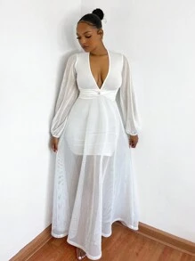 SHEIN SXY 深V領前扭結燈籠袖網紗覆蓋連衣裙 - 白色 - 查看 3