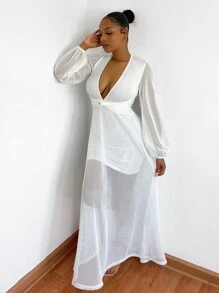 SHEIN SXY 深V領前扭結燈籠袖網紗覆蓋連衣裙 - 白色 - 查看 4