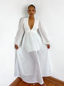 SHEIN SXY 深V領前扭結燈籠袖網紗覆蓋連衣裙 - 白色 - 查看 5