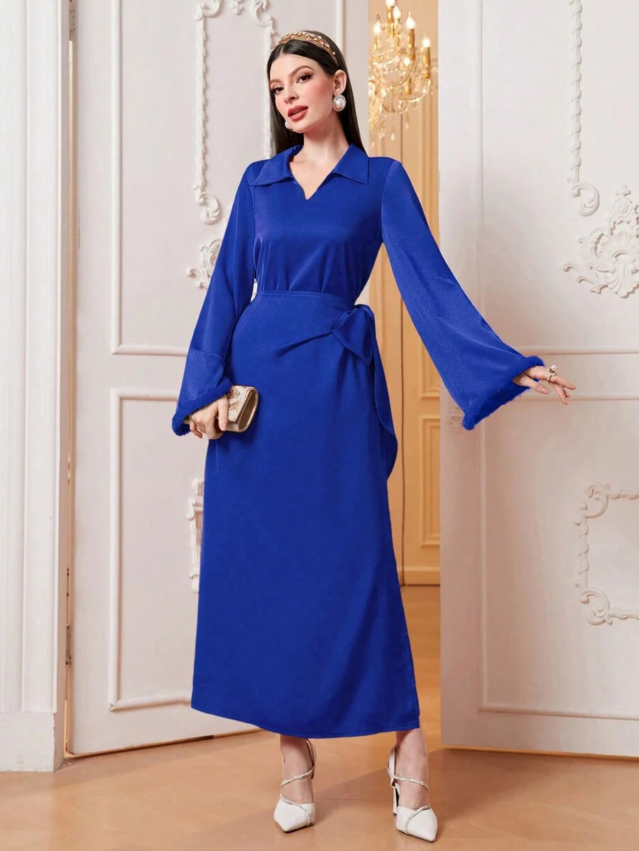 Modelyn Trumpet Sleeve Knot Side Dress - Blue - View 1