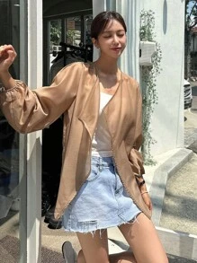 DAZY 纯色开襟主教袖长袖女式衬衫 - 卡其色 - 查看 5