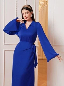 Modelyn Trumpet Sleeve Knot Side Dress - Blue - View 5
