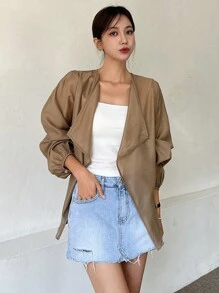 DAZY 纯色开襟主教袖长袖女式衬衫 - 卡其色 - 查看 6