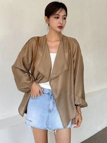 DAZY 纯色开襟主教袖长袖女式衬衫 - 卡其色 - 查看 7