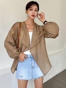 DAZY 纯色开襟主教袖长袖女式衬衫 - 卡其色 - 查看 8