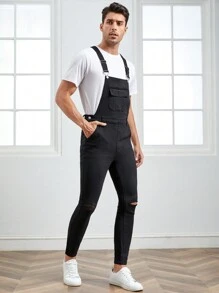 GENTILAND Men Flap Pocket Ripped Denim Dungarees Without Tee - Black - View 1