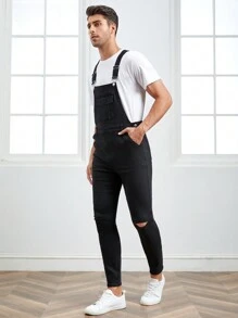 GENTILAND Men Flap Pocket Ripped Denim Dungarees Without Tee - Black - View 3